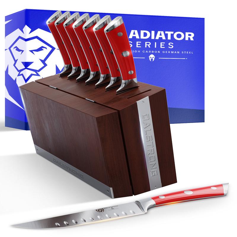 8-Piece Steak Knife Set | Red ABS Handles with Storage Block | Gladiator Series | Knives NSF Certified | Dalstrong