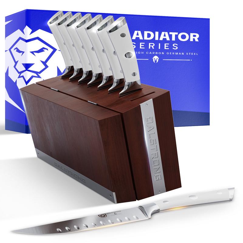 8-Piece Steak Knife Set | White ABS Handles with Storage Block | Gladiator Series | Knives NSF Certified | Dalstrong