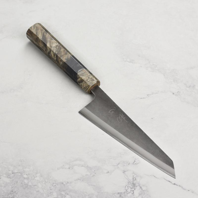 Yoshikane Shirogami #2 Kurouchi Stainless Clad 5.9" Honesuki, Stabilized Birch