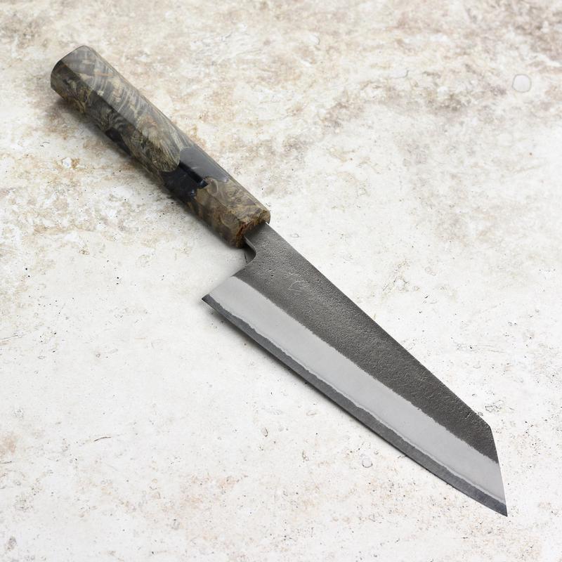 Yoshikane Shirogami #2 Kurouchi Stainless Clad 6.5" Bunka, Stabilized Birch