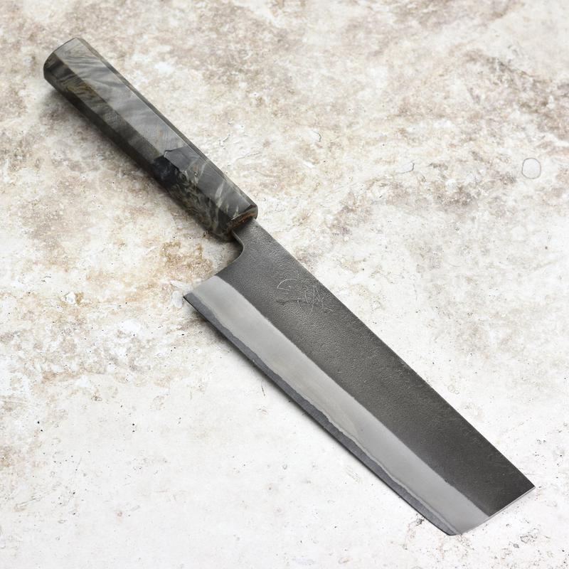Yoshikane Shirogami #2 Kurouchi Stainless Clad 6.5" Nakiri, Stabilized Birch