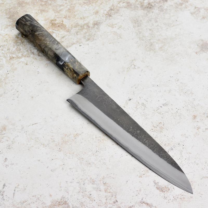 Yoshikane Shirogami #2 Kurouchi Stainless Clad 8.25" Gyuto, Stabilized Birch
