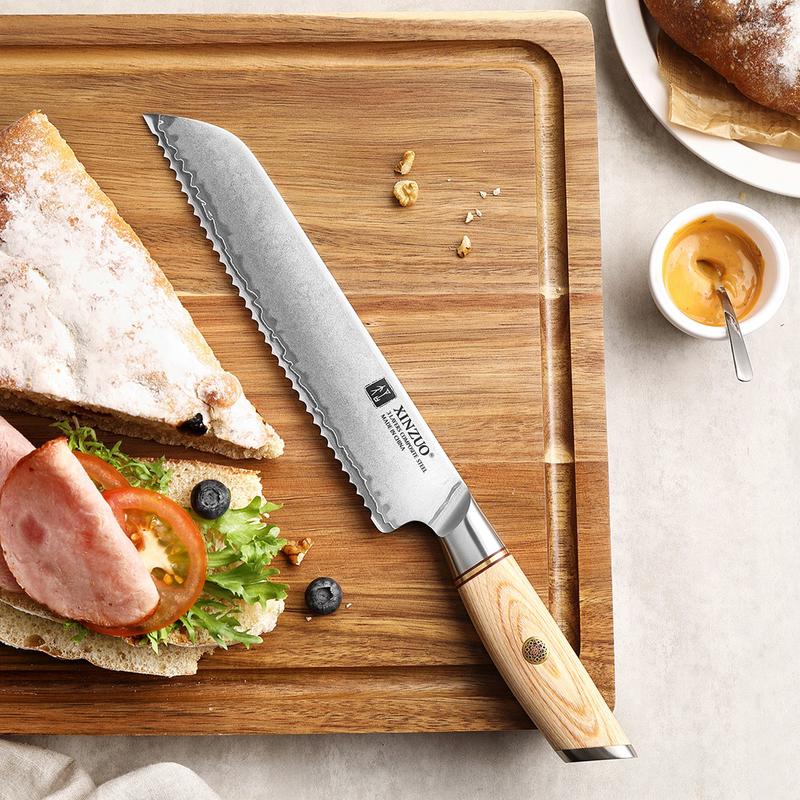 Xinzou B37S Composite Stainless Steel Bread knife with Pakka Wood Handle