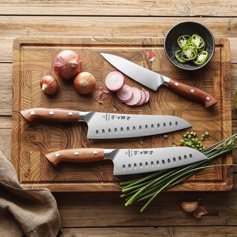 Xinzuo's 3 Pcs German x50crmov15 / 1.4116 Steel Knife Set with Redwood Handles