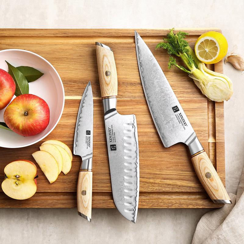 Xinzou B37S 3 Pcs Composite Stainless Steel Kitchen Knife Set Chef, Santoku, Utility with Pakka Wood Handle