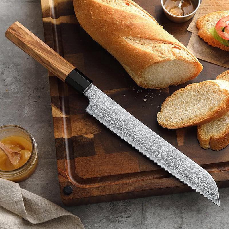 Xinzuo Zhen Series 8.7" 67 Layer Damascus Bread Knife with Olive Wood Handle
