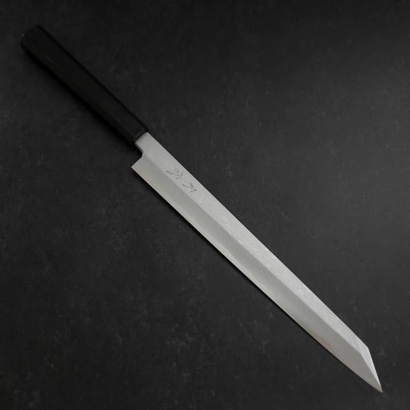 Yanagi Kiritsuke Blue Steel #1 Suminagashi Buffalo Ebony Handle With Sheath 300mm