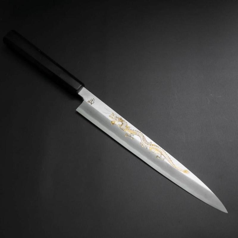 Yanagiba White Steel #2 Kasumi Chokin Dragon Buffalo Ebony Handle 240mm