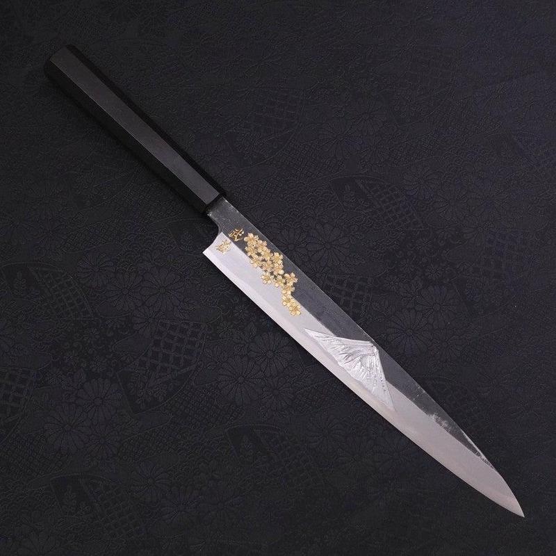 Yanagiba Blue Steel #2 Kurouchi Chokin Sakura-Fuji Silver Buffalo Ebony Handle 240mm