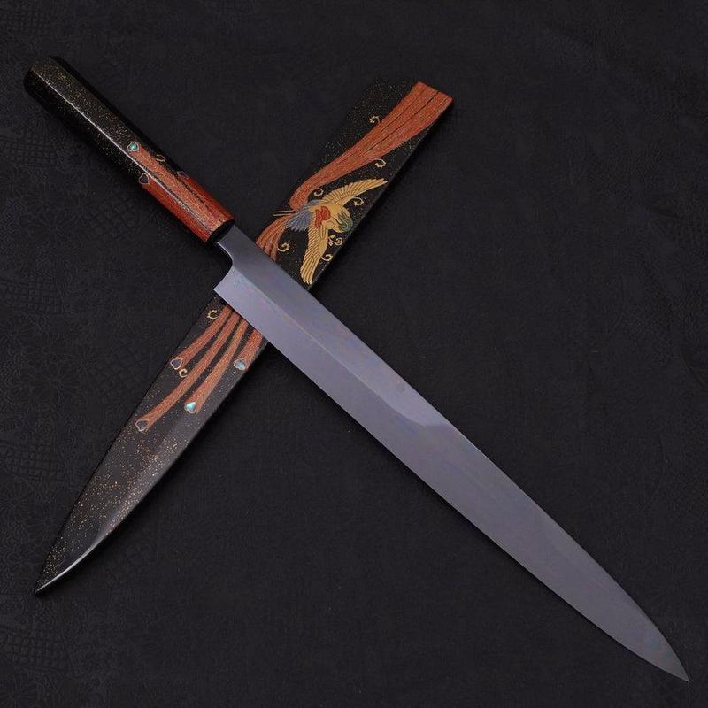 Yanagiba White Steel #2 Black Mirror Moon-Fuji Water Honyaki Urushi Handle With Urushi Sheath 330mm