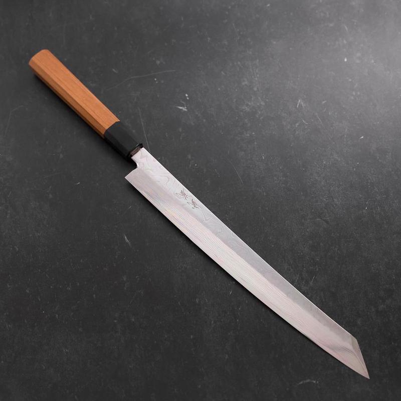 Yanagi Kiritsuke Silver Steel #3 Damascus Mirror Buffalo Teak Handle 300mm