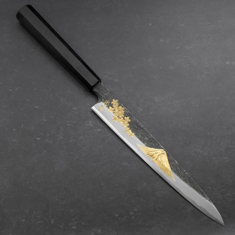 Yanagiba Blue Steel #2 Kurouchi Chokin Sakura-Fuji Buffalo Ebony Handle 210mm