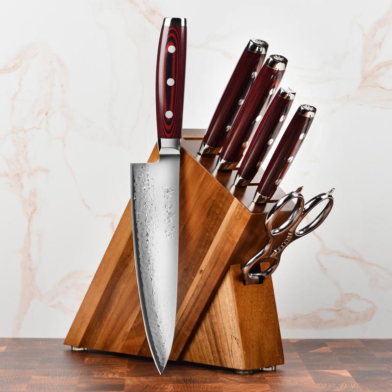 Yaxell Super Gou SG2 7 Piece Acacia Slim Knife Block Set