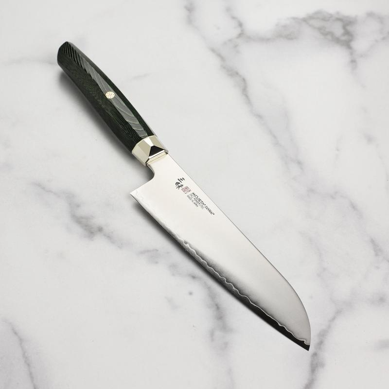 Zanmai Revolution SG2 7" Santoku Knife with Green Micarta Handle