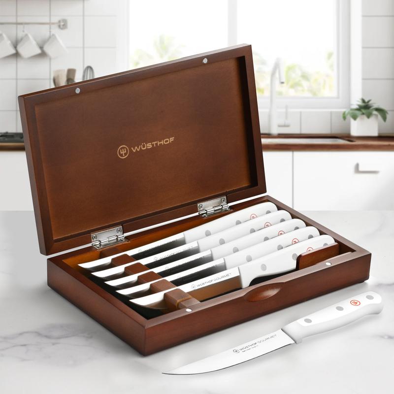 Wusthof Gourmet 6 Piece Steak Knife Set with Case, White Handles