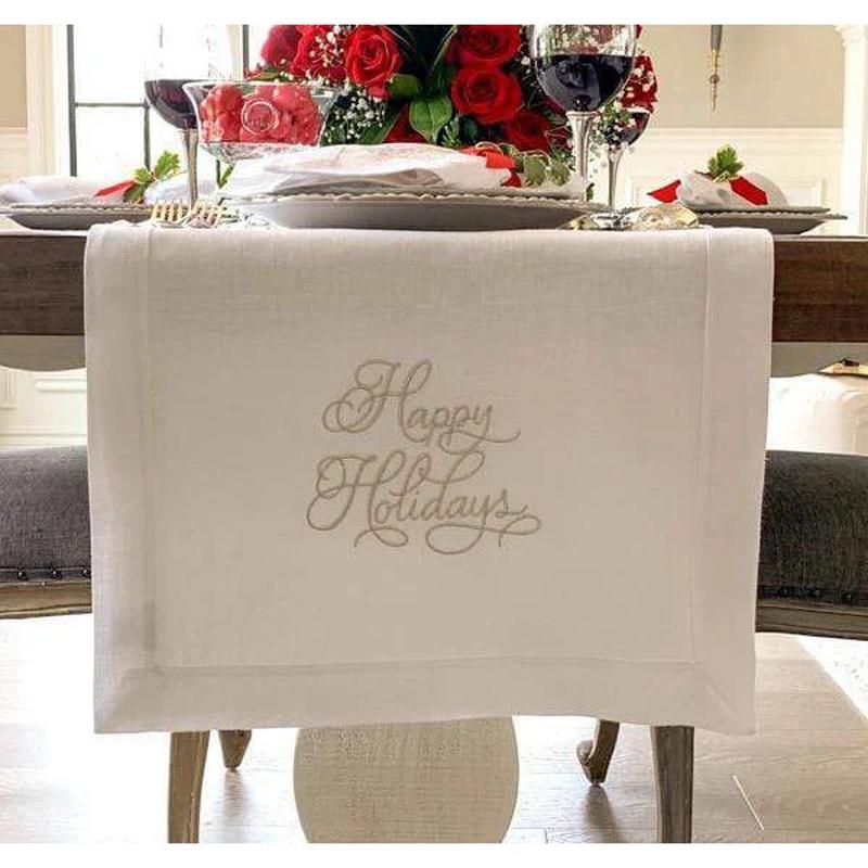 Happy Holidays Linen Table Runner Christmas/White