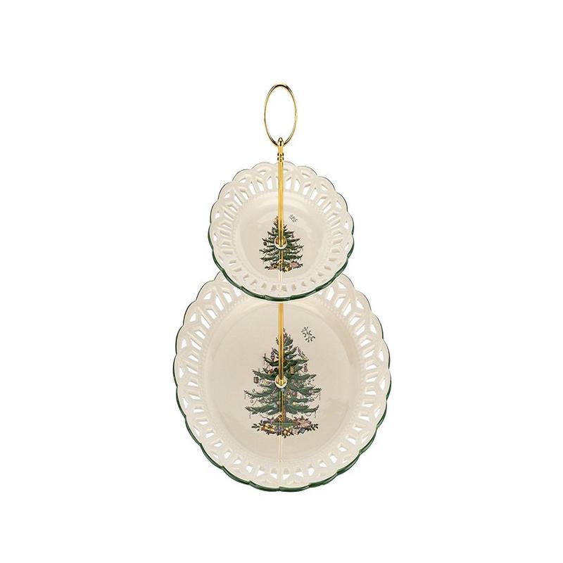 Christmas Tree 2 Tiered Pierced Cake Stand