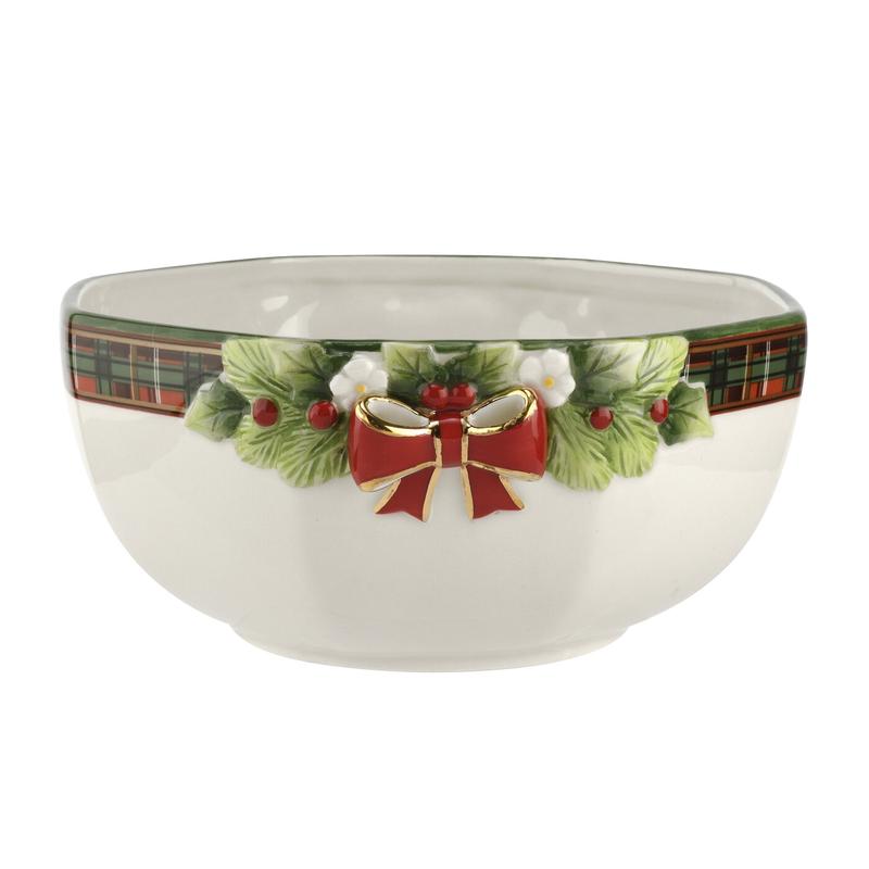 Christmas Tree Figural Tartan Octagonal Bowl 9"