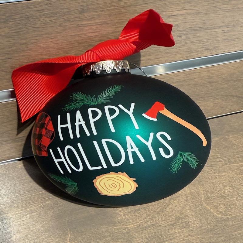 Happy Holidays Cutting Down Tree Ornament