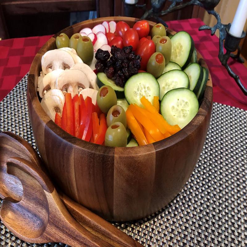 Large Rounded Acacia Salad Bowl with Servers