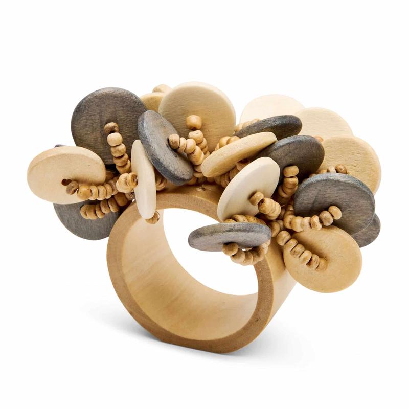 Wood Coin Beads Napkin Ring Grey Set of 2
