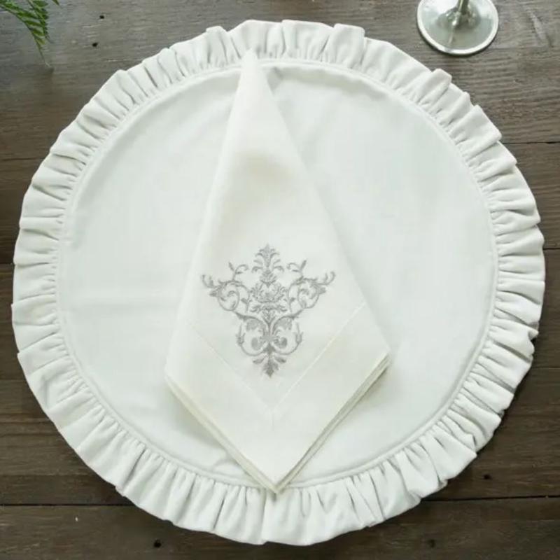 Round Ruffle Velvet Placemat White Set of 7