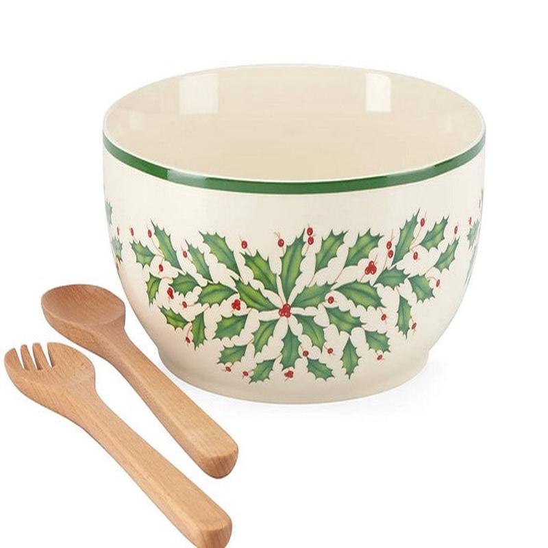 Holiday Salad Bowl with Wood Servers