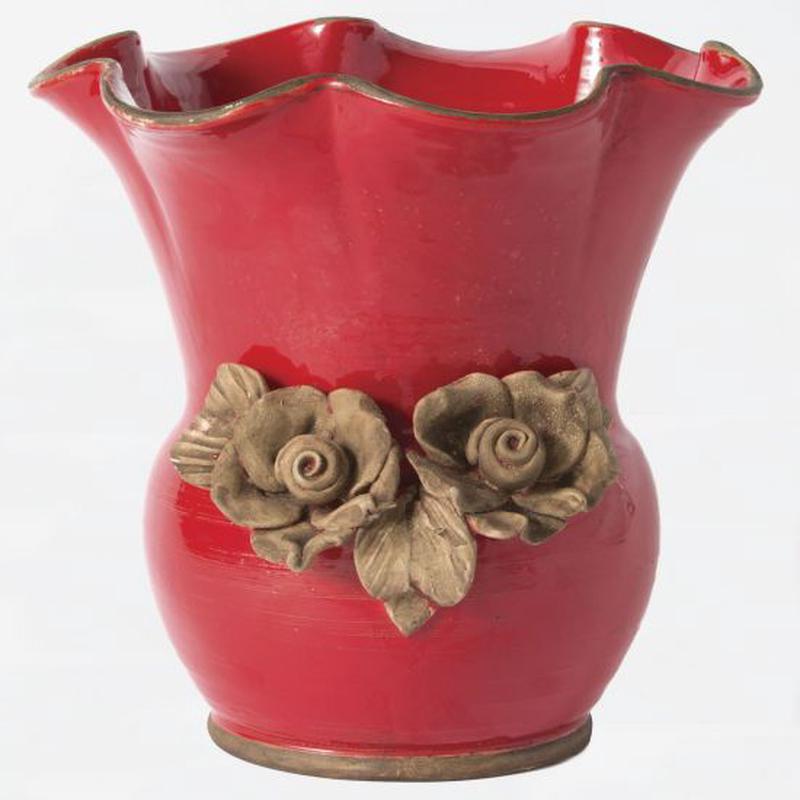 Rustic Garden Red Scalloped Planter w/ Flowers