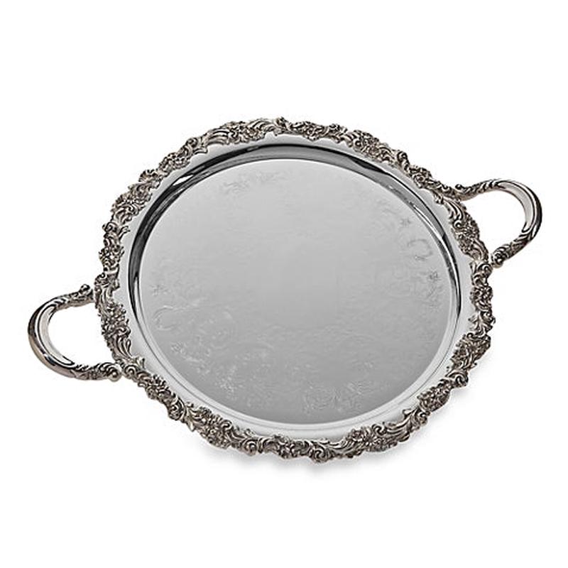 Burgundy Silverplate Rnd Tray w/Handles