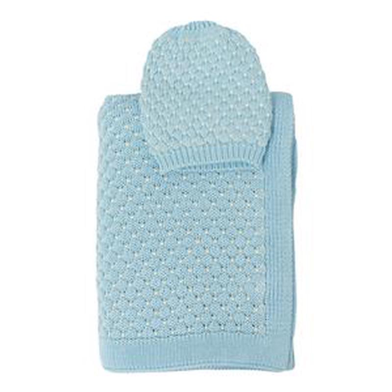 Baby Blanket & Beanie Set- Baby Blue/Nat