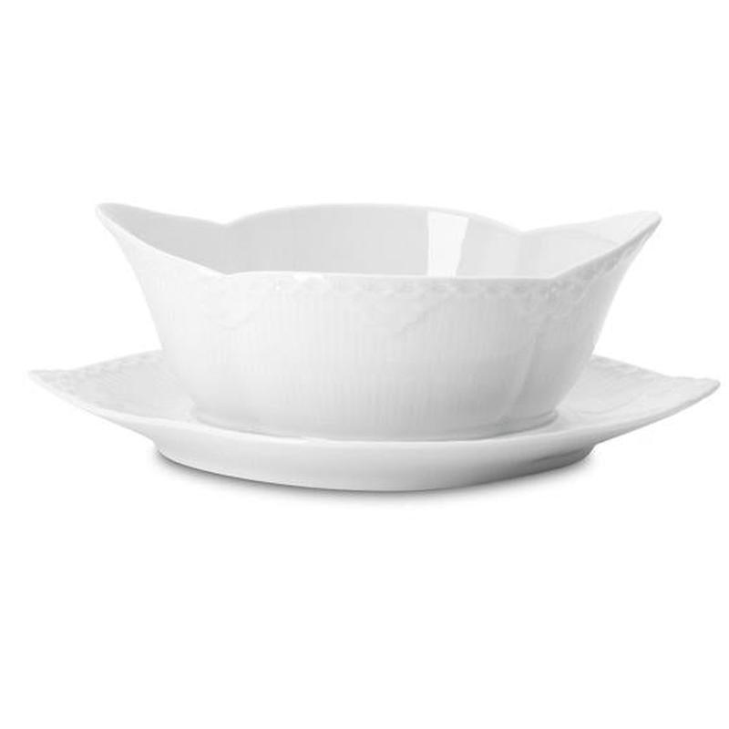 RC White Fluted Half Lace Gravy Boat w/Stand