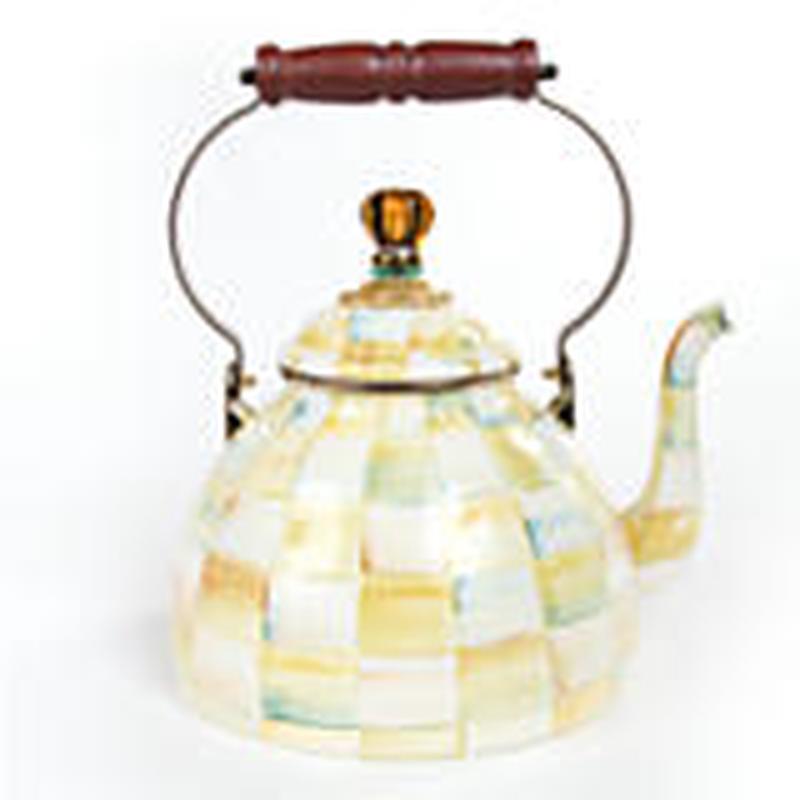 Parchment Check Enamel Tea Kettle 3 Qt