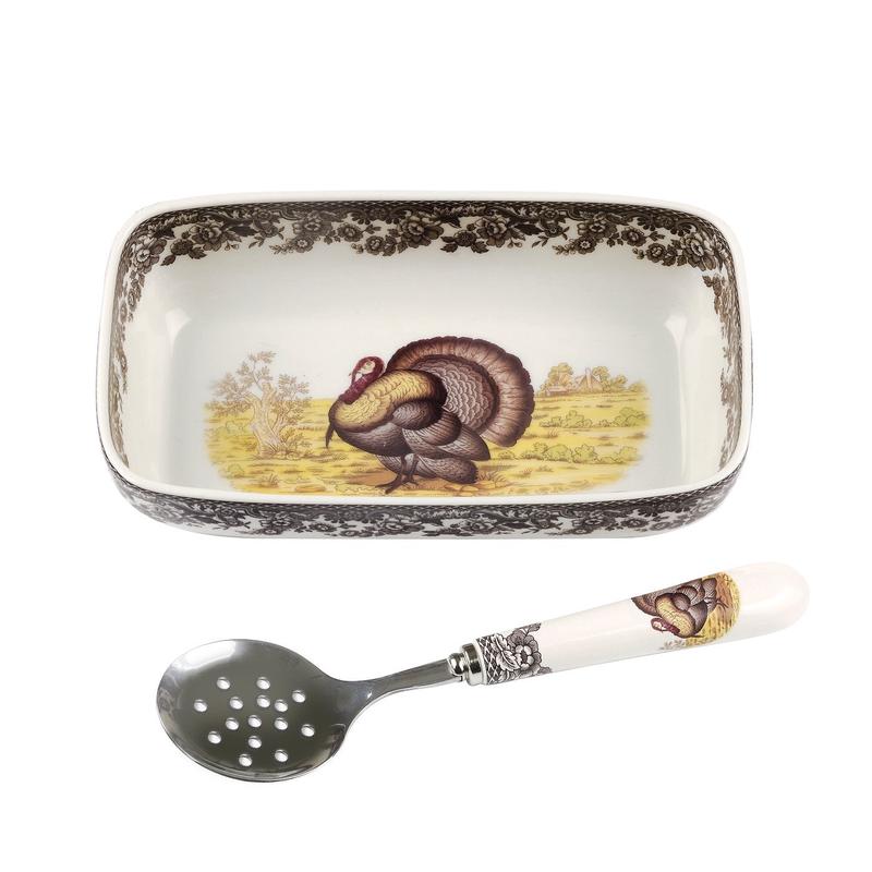 Woodland Cranberry Dish W/Slotted Spoon-Turkey